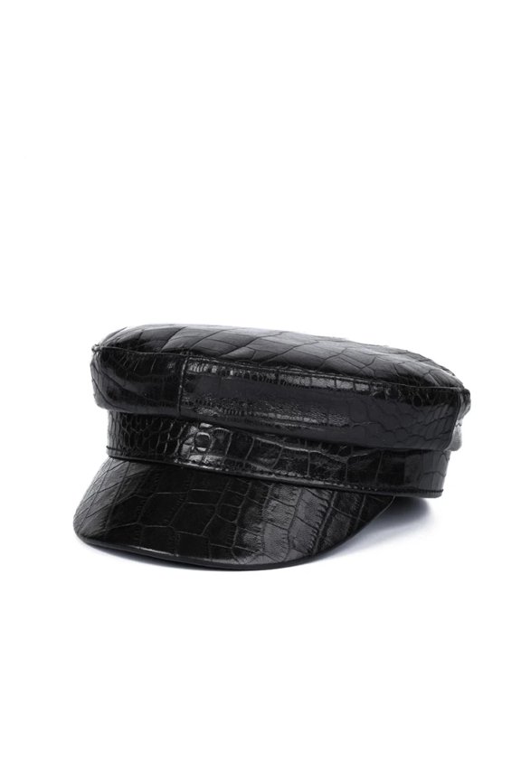 Women Real Leather Crocodile Pattern Navy Hat Female European/American Retro Simple Flat Top Caps Street Beret ,Unisex