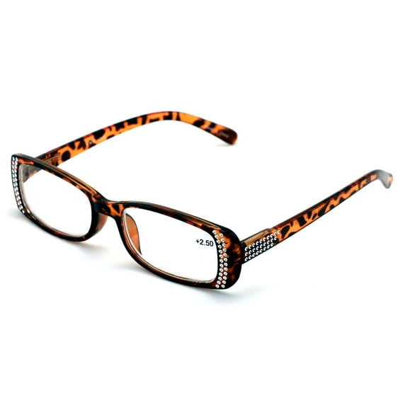 Women Rectangular Rhinestones Reading Glasses - Female Fashion Leopard Clear Lens Readers Demi Tortoise
