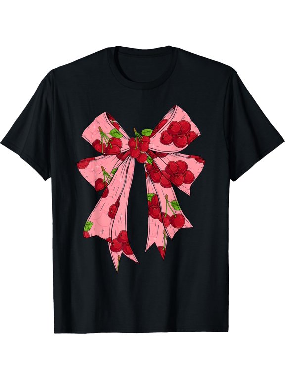 Women Red Cherry Coquette Bow T Shirt Size S-5XL