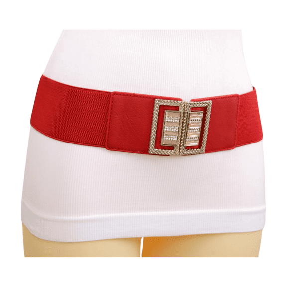 Women Red Elastic Wide Fashion Belt Bling Metal Square Buckle S M