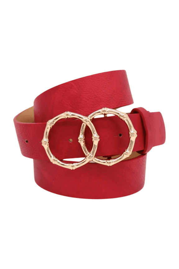 Women Red Faux Leather Belt Gold Bamboo Circle Metal Buckle M L