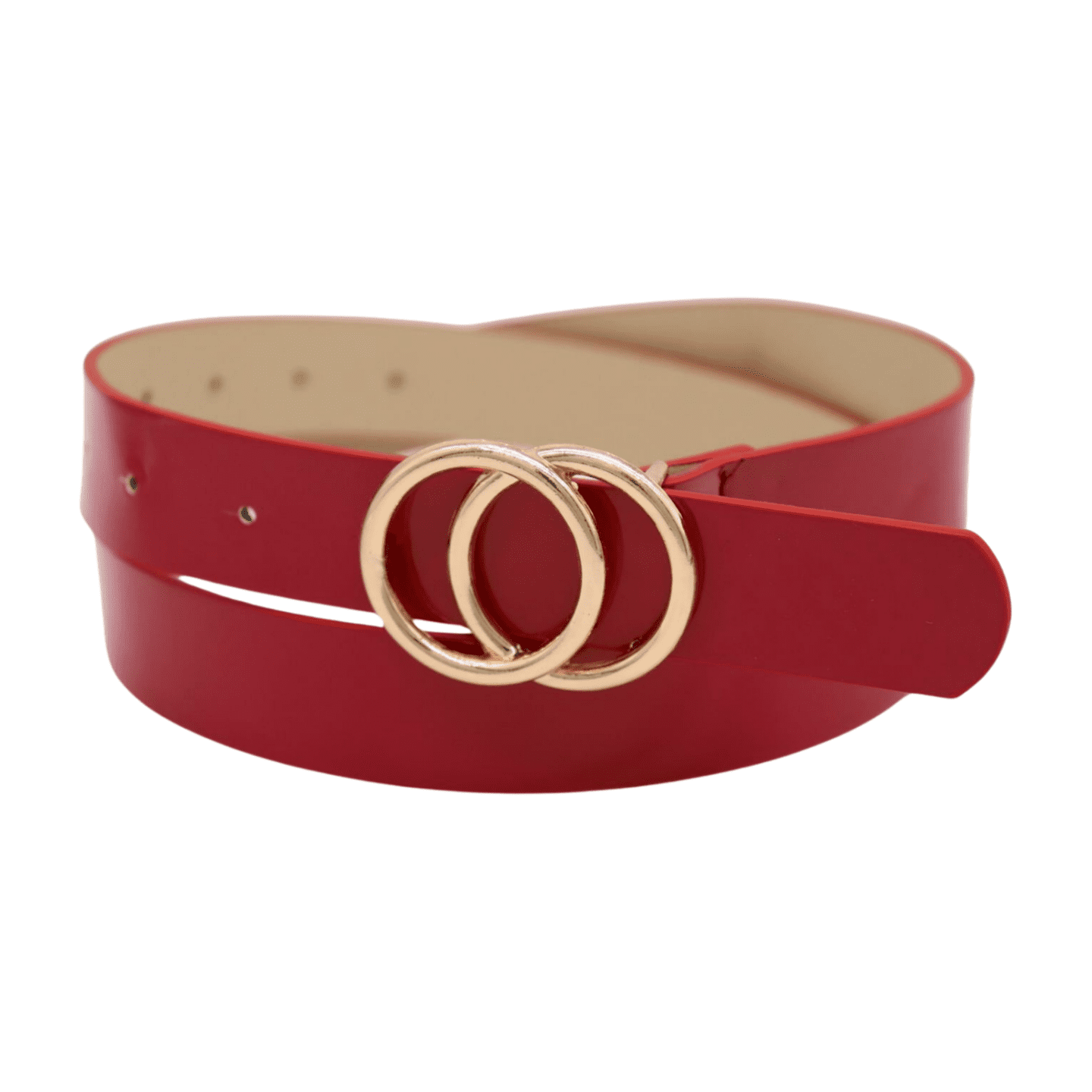 Women Red Faux Patent Leather Skinny Fashion Belt Gold Metal 