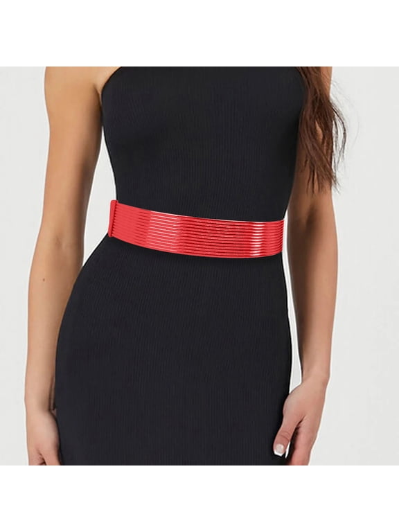 Women Red Glossy Wide Elastic Waist Belt, Vertical Grooved Statement Cummerbund, SnapButton Stretch Waistband, Fashion Decorative Belt for Dresses and Tunic Tops, 26 in Length
