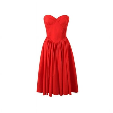 Women Red Off The Shoulder A-line ELIZABETH ITALIAN TOMATO STRAPLESS MIDI SUNDRESS