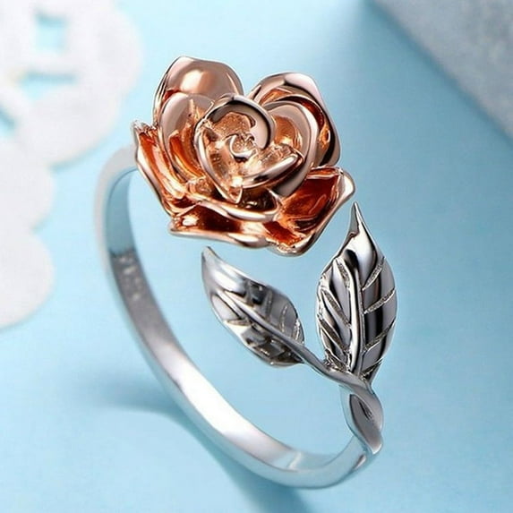 Women Red Rose Flower Leaf Adjustable Finger Wedding Rings