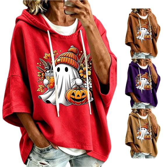 Women Red Short Sleeve Cute Ghost Pumpkin Graphic Hoodie with Drawstring Casual Halloween Party Pullover Top
