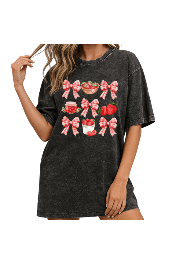 Women Red White Strawberry Bow Graphic Tees Cotton Crew Neck Printed T Shirt Tops Mineral Wash Black S-2XL Plus Size