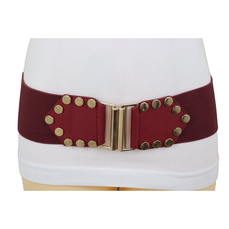 Women Red Wide Elastic Fashion Belt Gold Metal Buckle Studs  display picture 2