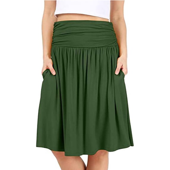 Women Regular Skirt With Pockets Below The Knee Length Color Ruched Flowy Midi Skirt Army Green M