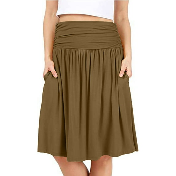 Women Regular Skirt With Pockets Below The Knee Length Color Ruched Flowy Midi Skirt Complexion 2XL