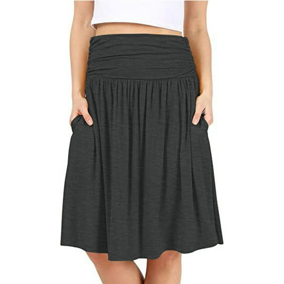Women Regular Skirt With Pockets Below The Knee Length Color Ruched Flowy Midi Skirt Gray L