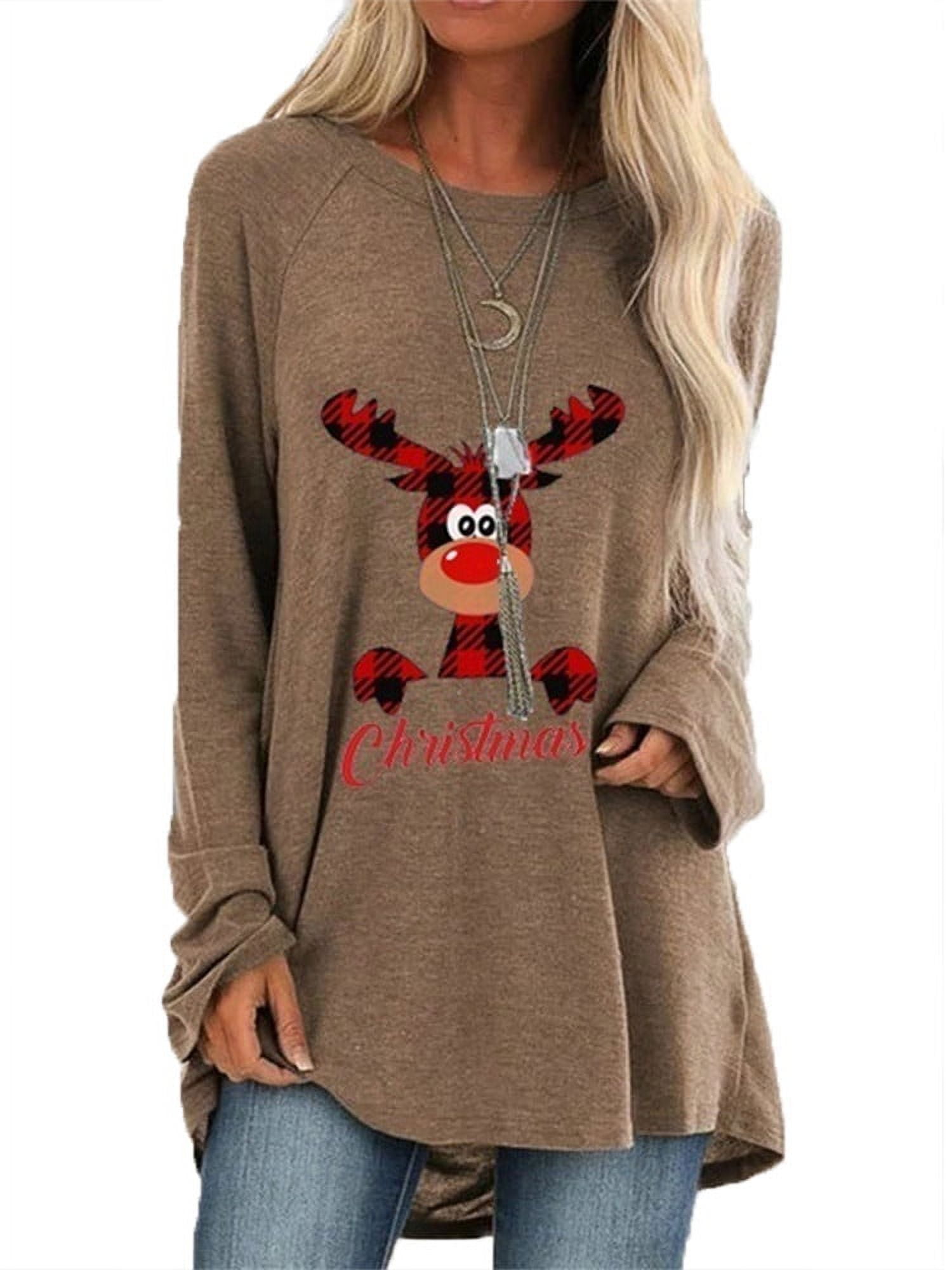 Women Reindeer Print Shirt Long Sleeve Christmas T-shirt Blouse 