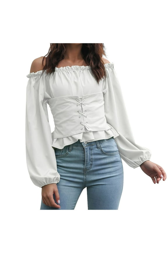 Women Renaissance Blouse Victorian Steampunk Pirate Shirt Off Shoulder Long Sleeve Smocked Blouse Tops