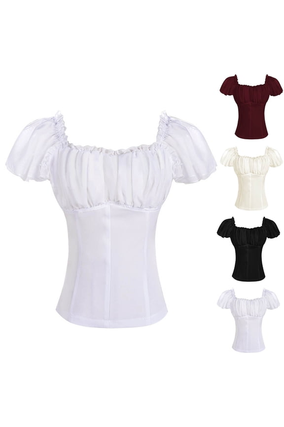 Women Renaissance Blouse Victorian Steampunk Pirate Shirt Square Neck Short Sleeve Ruched Blouse Tops