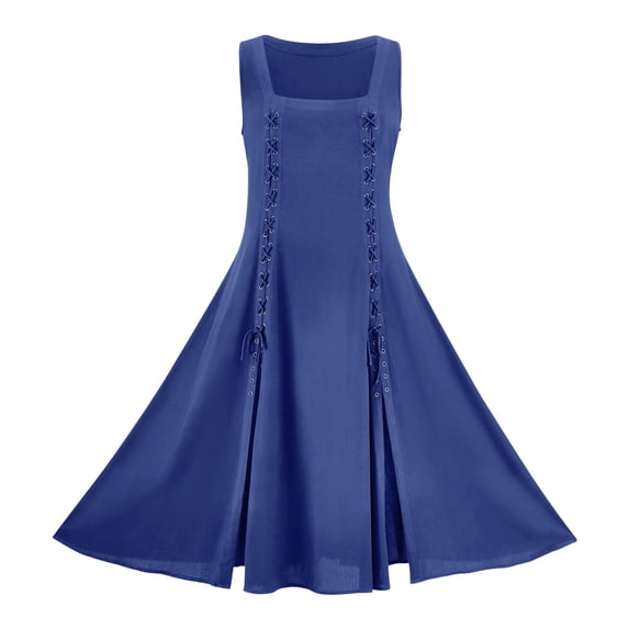 Women Renaissance Costume Medieval Dress Lace-Up Sleeveless A-Line Flowy Gothic Vintage Midi Dresses Blue S