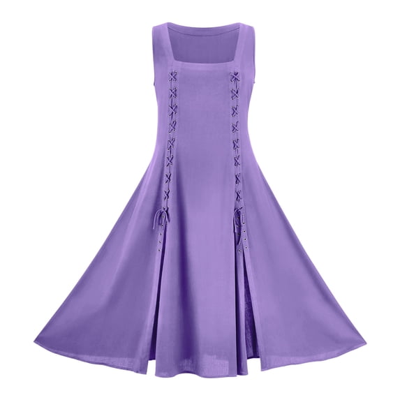 Women Renaissance Costume Medieval Dress Lace-Up Sleeveless A-Line Flowy Gothic Vintage Midi Dresses Purple S
