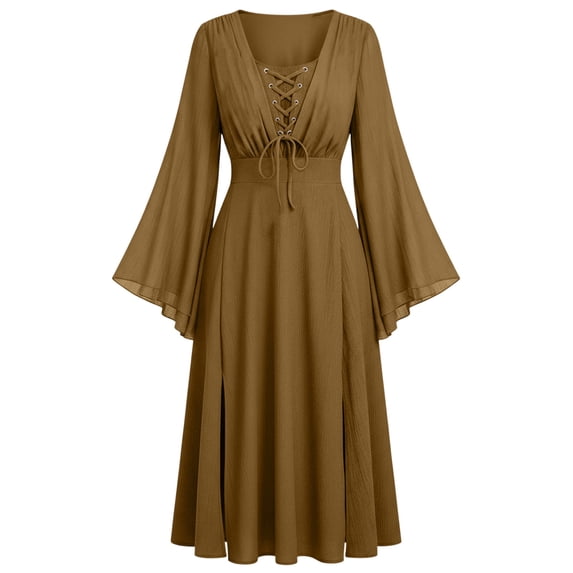 Women Renaissance Costume Split Sleeve Double Layer Dress for Fairy Witch Halloween Pirate Party Coffee XXL