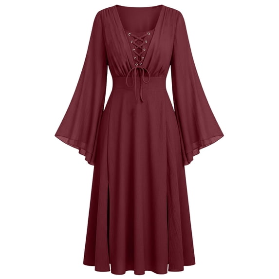 Women Renaissance Costume Split Sleeve Double Layer Dress for Fairy Witch Halloween Pirate Party Wine M