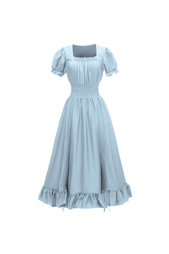 Women Renaissance Costumes Medieval Gothic Short Sleeve Square Neck Dress Victorian High Low Ruffle Halloween Dress