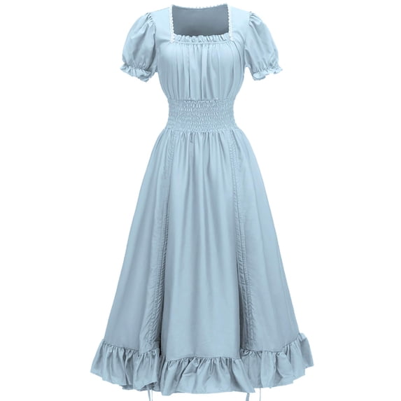 Women Renaissance Costumes Medieval Gothic Short Sleeve Square Neck Dress Victorian High Low Ruffle Halloween Dress