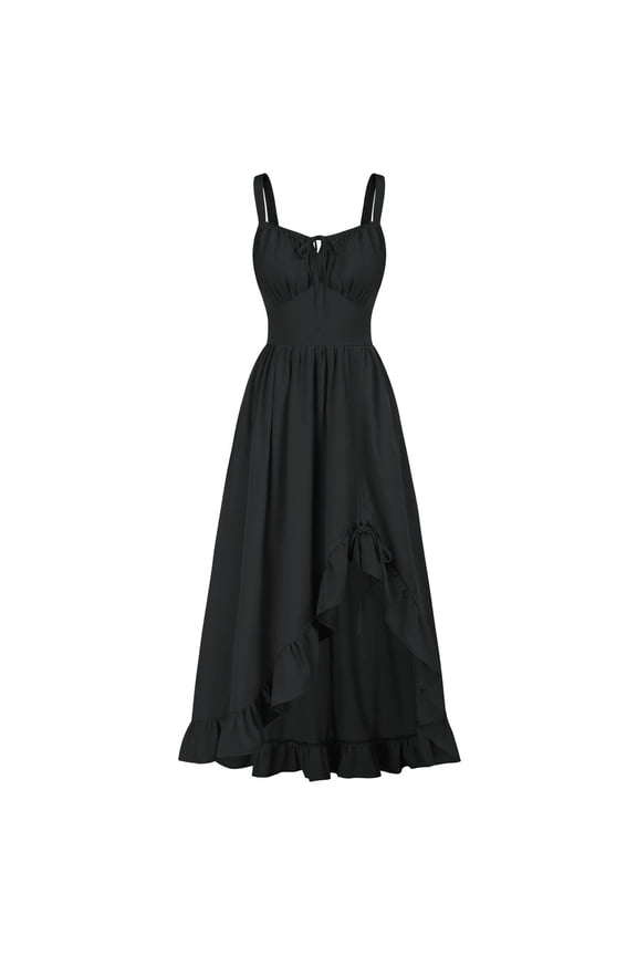 Women Renaissance Dress High-Low Ruffled Hem Sleeveless V-Neck Cottagecore Dresses