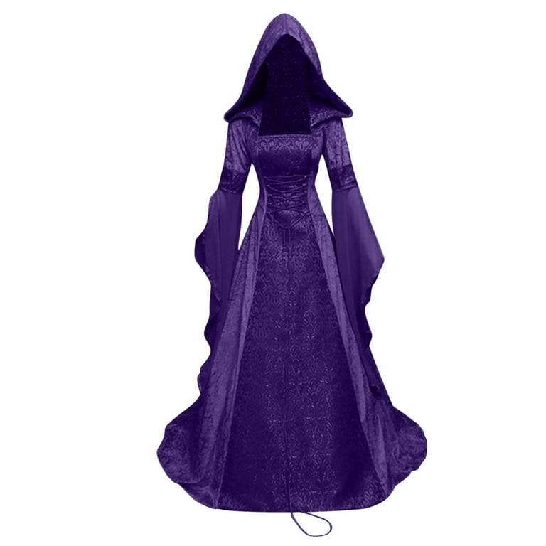 Women Renaissance Dress Medieval Costume Ladies Long Sleeve Hooded 