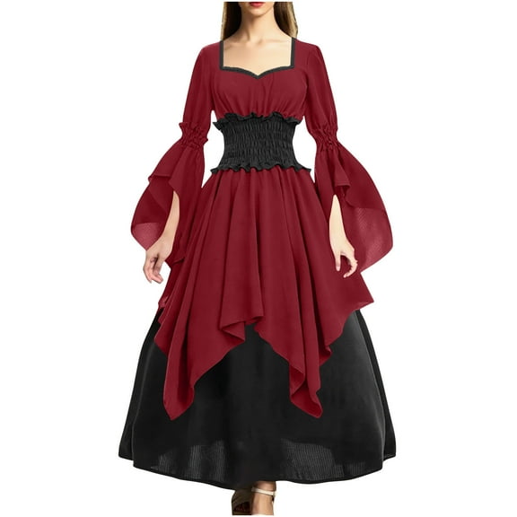 Women Renaissance Dress Medieval Costume Pirate Gown Long Sleeve Witch Cosplay Halloween Outfit