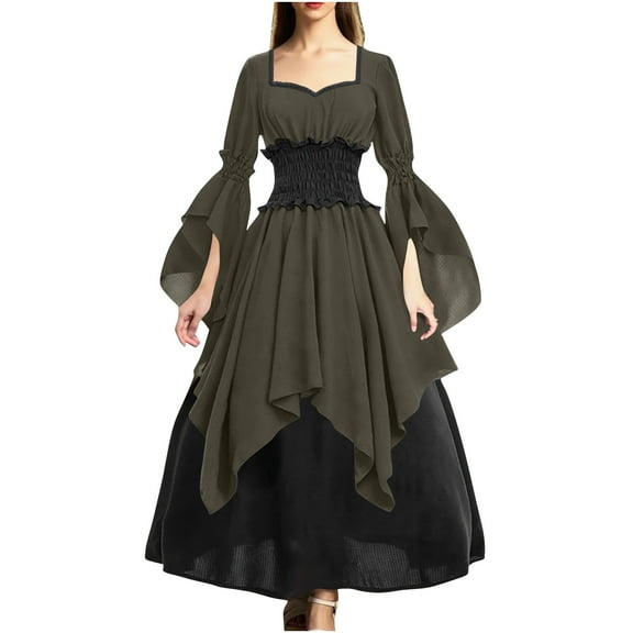 Women Renaissance Dress Medieval Costume Pirate Gown Long Sleeve Witch Cosplay Halloween Outfit