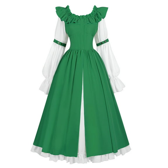 Women Renaissance Dress Peasant Medieval Costume Dress Ruffle Long Sleeve Maxi Dress