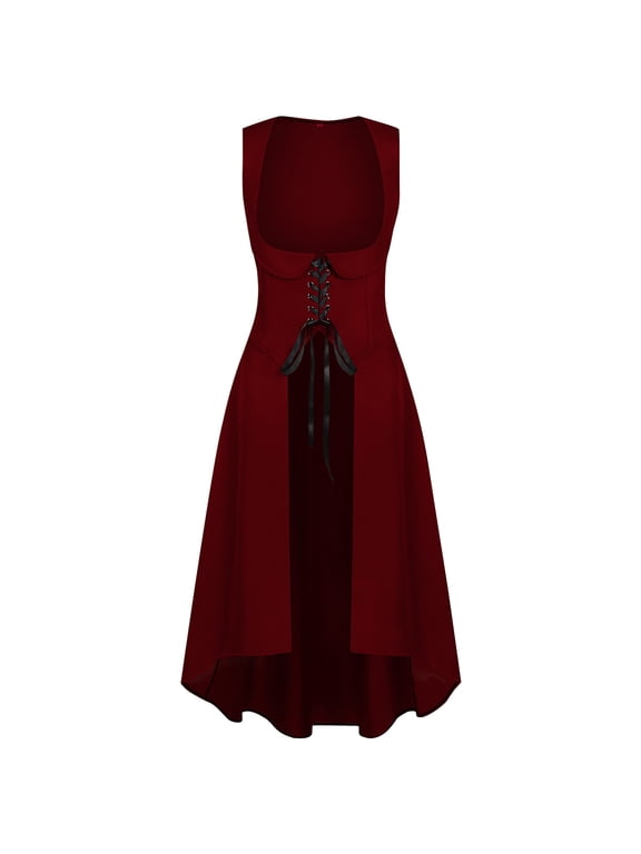 Women Renaissance Dress Underbust Medieval Lace-up Front Dresses Ladies Solid Plain Trendy Elegant Medieval Peasant Flowy Gothic Sleeveless Lightweight Halloween Evening Party Overdress