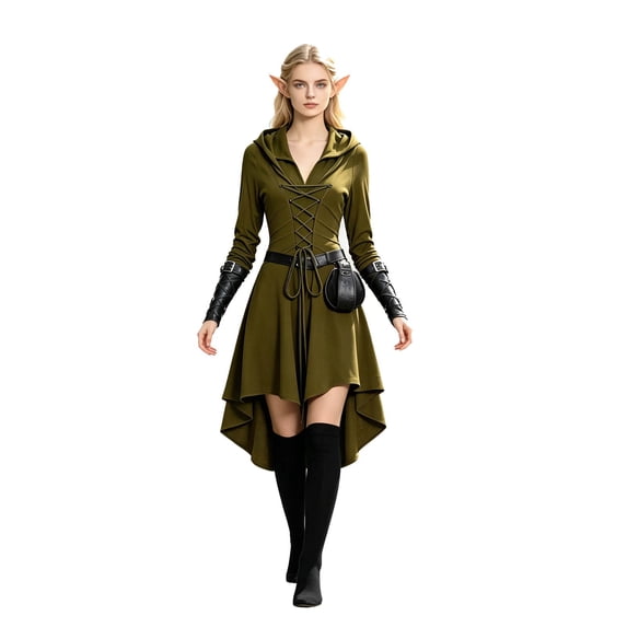 Women Renaissance Elf Style 6‑Piece Kit, Long Sleeve Hooded Vintage Dress Set, Ideal For Holiday Party, Photo Shooting & Themed Night Events