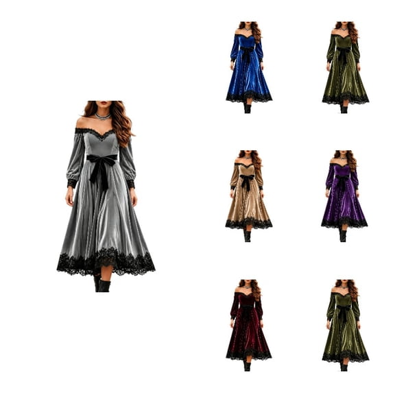 Women Renaissance Gothic Velvet Midi Dress Off Shoulder, Black Lace Trim Puff Long Sleeve Waist Bow Flared A Line Halloween Party Dress