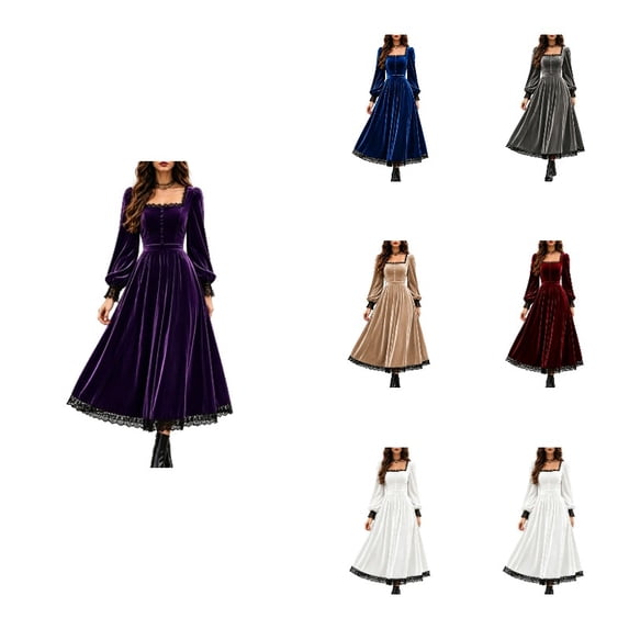 Women Renaissance Gothic Velvet Midi Dress, Square Neck Lace Trim Puff Long Sleeve Flared A Line Halloween Party Dress