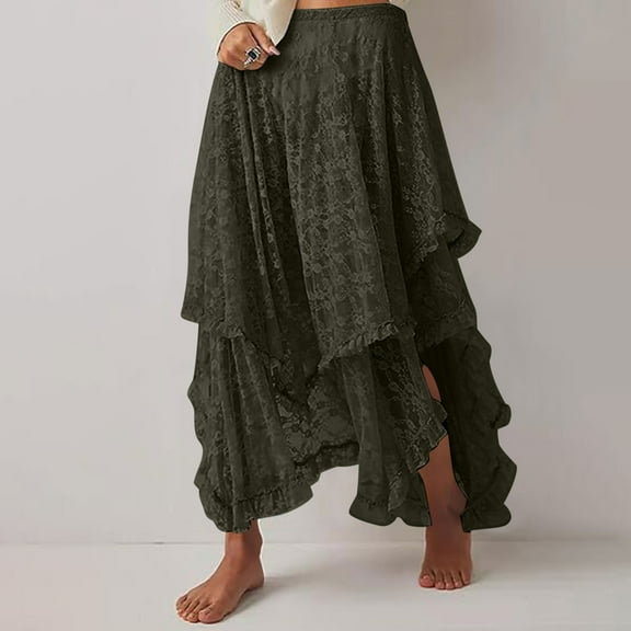 Women Renaissance Long Maxi Skirt Double Layered Ruffled Irregular Chiffon Skirts Army Green M