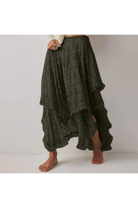 Women Renaissance Long Maxi Skirt Double Layered Ruffled Irregular Chiffon Skirts Army Green M