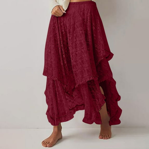 Women Renaissance Long Maxi Skirt Double Layered Ruffled Irregular Chiffon Skirts Wine M
