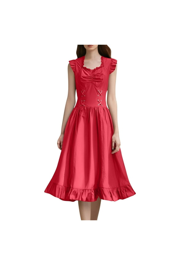 Women Renaissance Midi Dress Sleeveless Pleated Tie Ruffle Hem Dresses Victorian Medieval Costume Dress