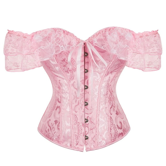 Women Renaissance Off Shoulder Corset Top Brocade Jacquard Victorian Ruffle Princess Boned Overbust Bustier Tops