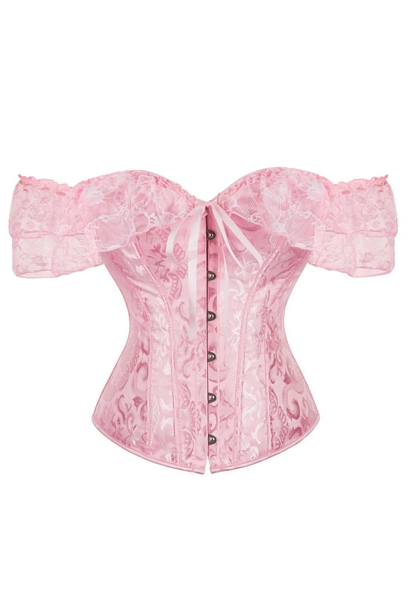 Women Renaissance Off Shoulder Corset Top Brocade Jacquard Victorian Ruffle Princess Boned Overbust Bustier Tops