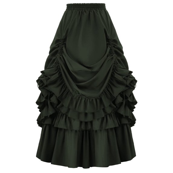 Women Renaissance Pirate Skirt High-Low Whimsical Clothes Adjustable Drawstring, Tiered Ruffle Hem, Elastic High Waist, Flowy