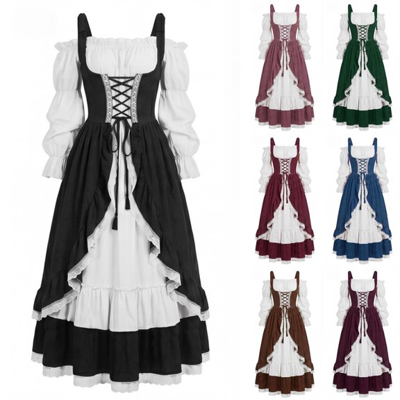 Women Renaissance Ruffle Corset Dress, Lace Up Puff Sleeve Layered Medieval Party Outfit(Dark Purple2XL)