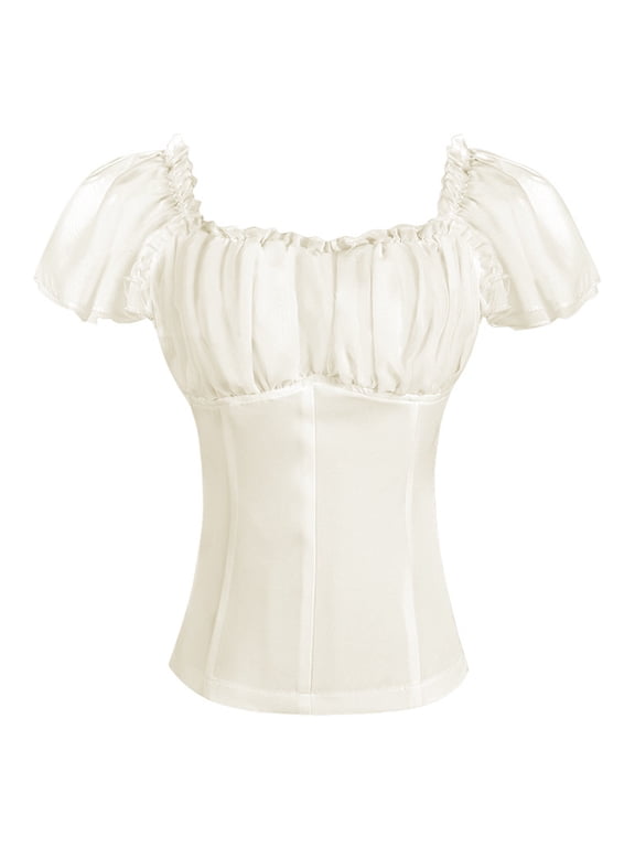 Women Renaissance Shirt Off Shoulder Flutter Short Sleeve Top Summer Square Neck Peasant Blouse