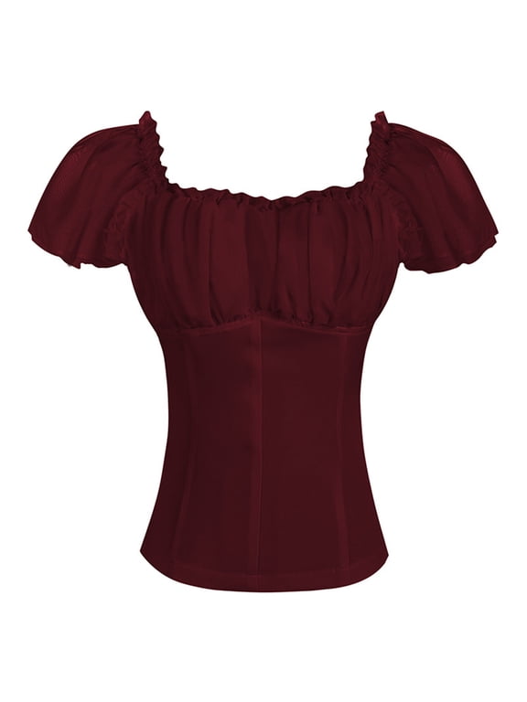 Women Renaissance Shirt Off Shoulder Flutter Short Sleeve Top Summer Square Neck Peasant Blouse