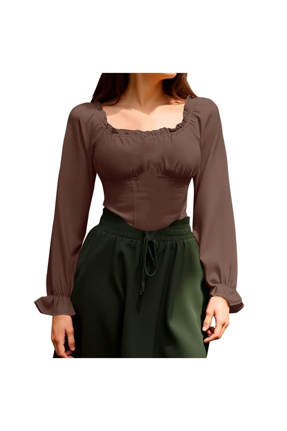 Women Renaissance Shirts Ruffle Square Neck Corset Tops Vintage Peasant Blouse Off Shoulder Long Sleeve Top Slim Fit Spring Summer T-Shirts Trumpet Tunic Crop Shirt Fashion Y2K Clothes