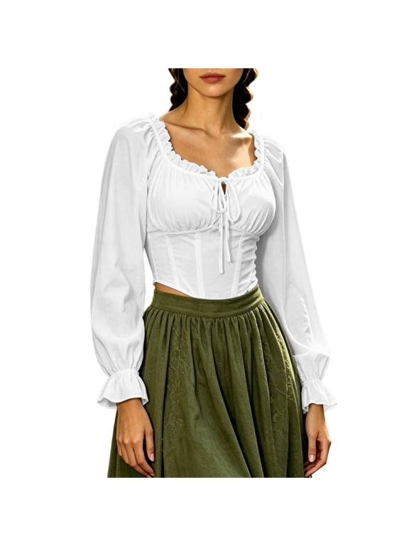 Women Renaissance Square Neck Long Sleeve Crop Top, Ruffled Puff Sleeve Shirred Waist Vintage Blouse