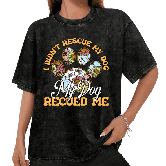Women Rescue Dog Floral Paw Print Graphic Tees T Shirt Tops Round Neck Washed Cotton T Shirt Black S-2XL Plus Size