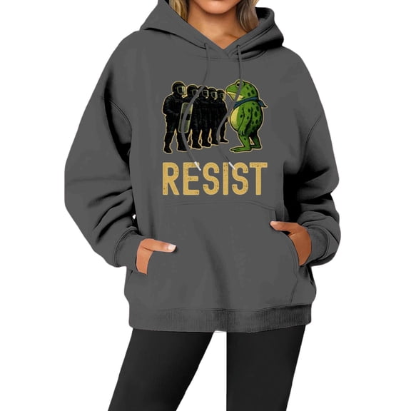 Women Resist Frog Hoodies Oversized Long Sleeve Fleece Casual Drawstring Sweatshirts Fall Winter Comfy Warm Tops with Pocket
