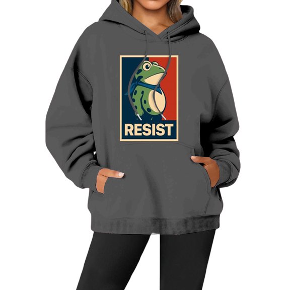 Women Resist Frog Hoodies Oversized Long Sleeve Fleece Casual Drawstring Sweatshirts Fall Winter Comfy Warm Tops with Pocket