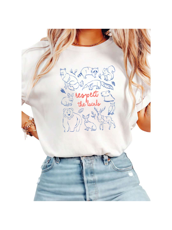 Women Respect The Locals Blue Wildlife Line Art Graphic Tees T Shirt Tops Round Neck Cotton T Shirt White S-5XL