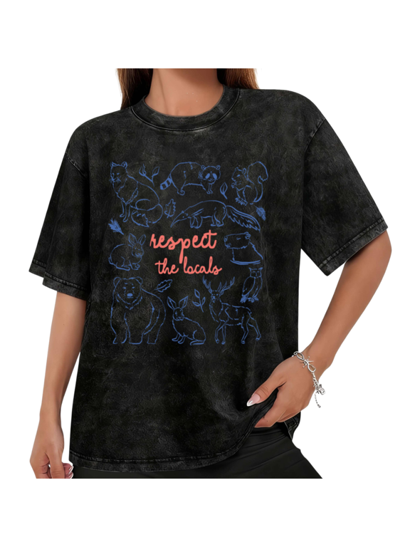 Women Respect The Locals Blue Wildlife Line Art Washed Graphic Tees T Shirt Tops Round Neck Cotton T Shirt Black S-2XL Plus Size